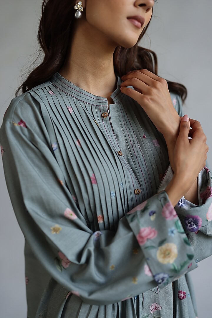 Greyish Green Linen Floral Midi Summer Dress by Roza Pret at Pernia's Pop Up Shop