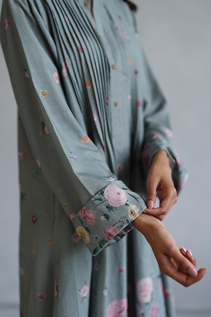 Greyish Green Linen Floral Midi Summer Dress by Roza Pret at Pernia's Pop Up Shop