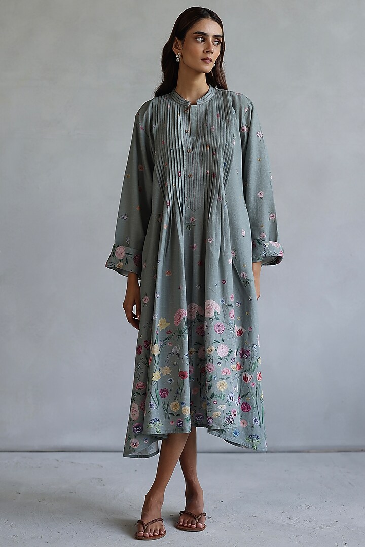 Greyish Green Linen Floral Midi Summer Dress by Roza Pret at Pernia's Pop Up Shop