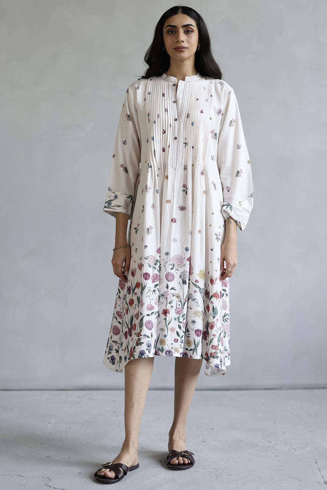 Ivory Linen Floral Midi Dress by Roza Pret at Pernia's Pop Up Shop