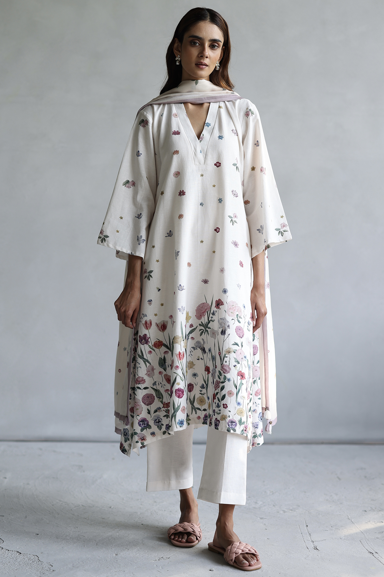Ivory Linen Floral Kurta Set by Roza Pret at Pernia's Pop Up Shop