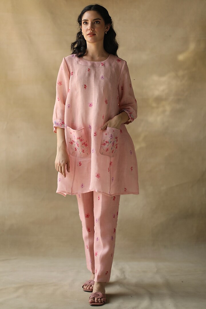 Pink Gauze Linen Pants by Roza Pret