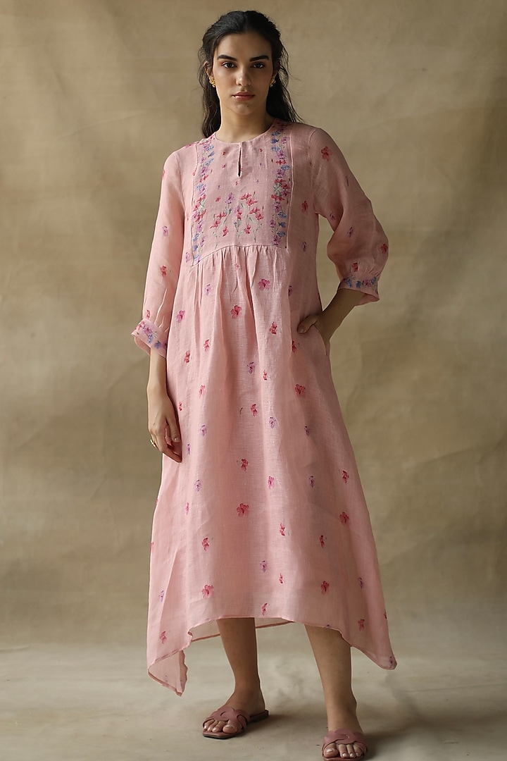Pink Linen Gauze Midi Dress by Roza Pret