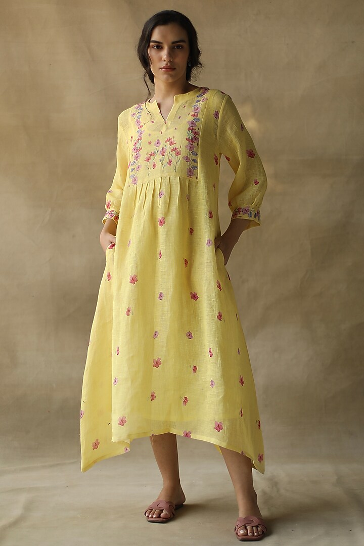 Lemon Yellow Linen Gauze Midi Dress Design by Roza Pret at Pernia's Pop