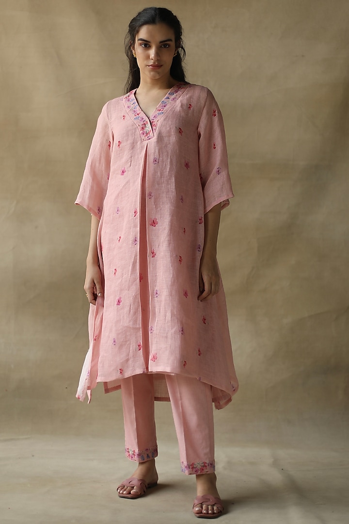 Pink Gauze Linen Kurta Set  by Roza Pret