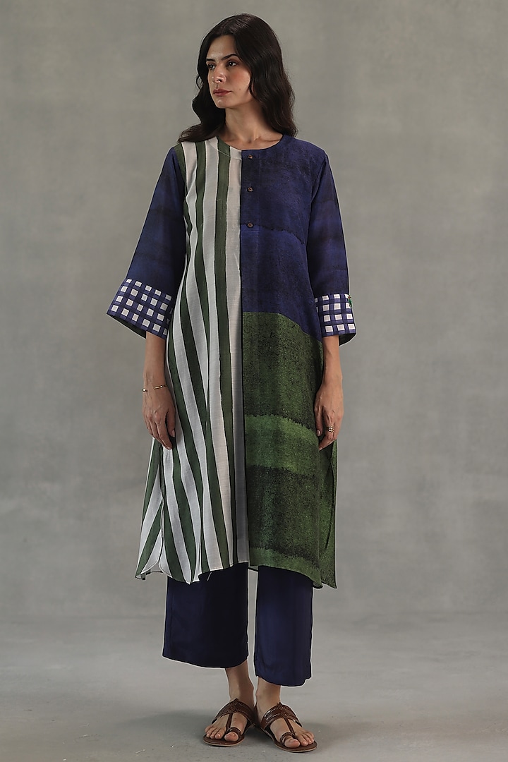 Multi-Colored Chanderi Color-Blocked Kurta Set by Roza Pret at Pernia's Pop Up Shop