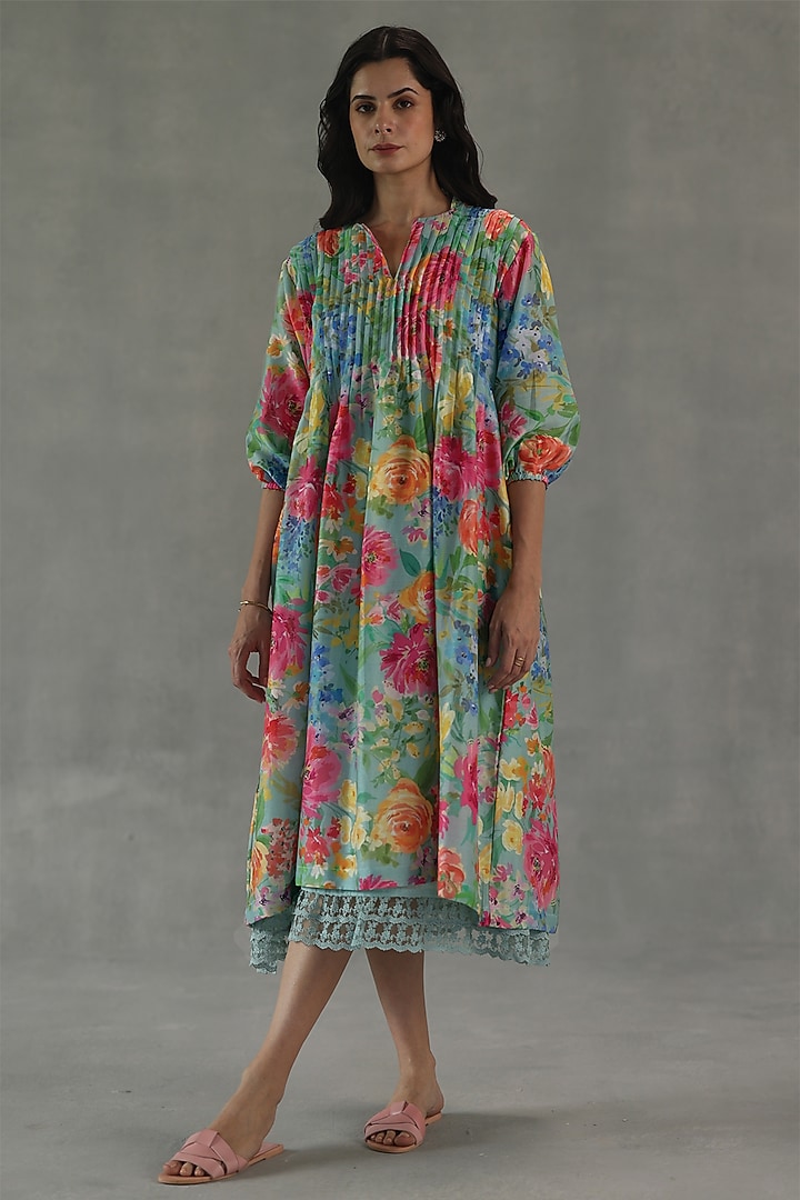 Multi-Colored Chanderi Floral Printed Summer Dress by Roza Pret at Pernia's Pop Up Shop