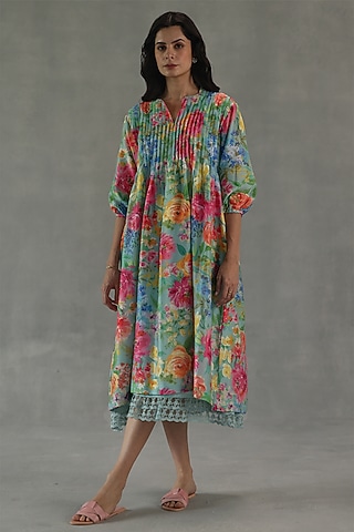 Multi-Colored Chanderi Floral Printed Dress by Roza Pret