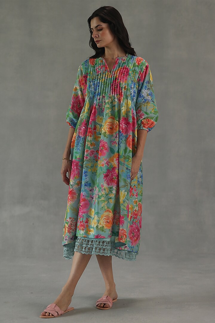 Multi-Colored Chanderi Floral Printed Summer Dress by Roza Pret at Pernia's Pop Up Shop