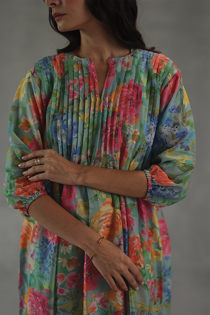 Multi-Colored Chanderi Floral Printed Summer Dress by Roza Pret at Pernia's Pop Up Shop