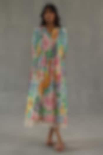 Multi-Colored Chanderi Floral Printed Summer Dress by Roza Pret at Pernia's Pop Up Shop
