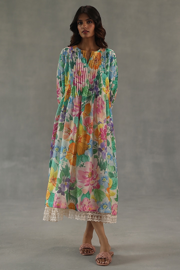 Multi-Colored Chanderi Floral Printed Summer Dress by Roza Pret at Pernia's Pop Up Shop