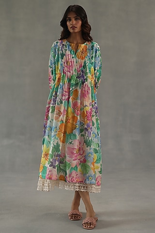Multi-Colored Chanderi Floral Printed Dress by Roza Pret