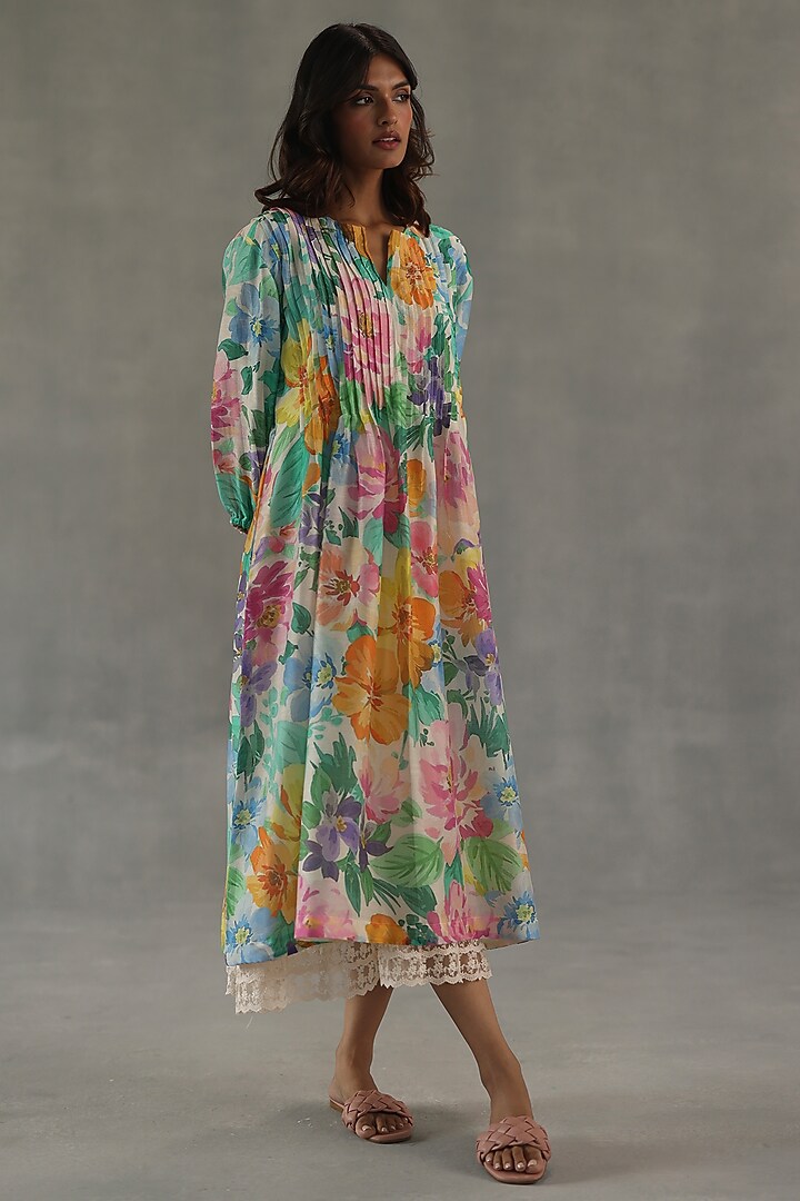 Multi-Colored Chanderi Floral Printed Summer Dress by Roza Pret at Pernia's Pop Up Shop