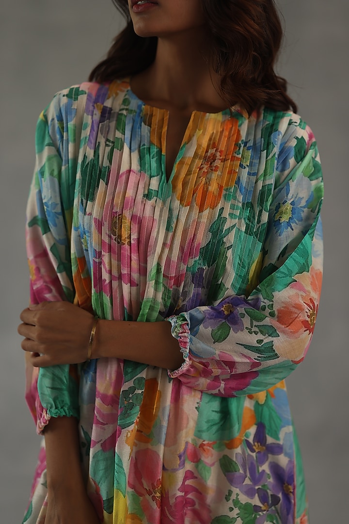 Multi-Colored Chanderi Floral Printed Summer Dress by Roza Pret at Pernia's Pop Up Shop