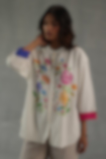 Ivory Feather Linen Floral Printed Top by Roza Pret at Pernia's Pop Up Shop