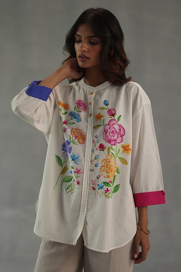 Ivory Feather Linen Floral Printed Top by Roza Pret at Pernia's Pop Up Shop