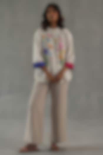 Beige Feather Linen Pants by Roza Pret at Pernia's Pop Up Shop