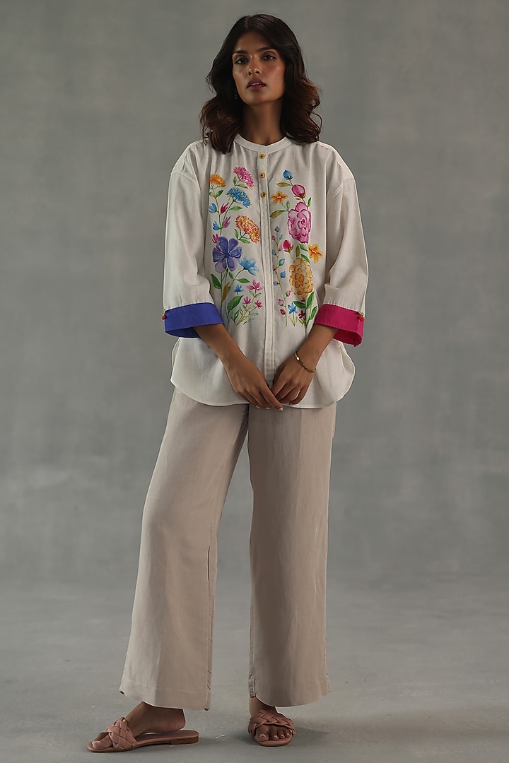 Beige Feather Linen Pants by Roza Pret at Pernia's Pop Up Shop