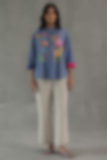 Blue Feather Linen Floral Printed Top by Roza Pret at Pernia's Pop Up Shop