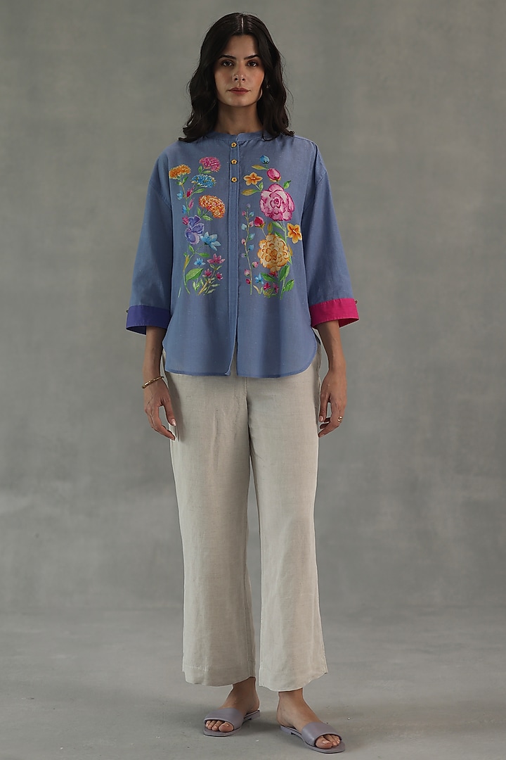 Blue Feather Linen Floral Printed Top by Roza Pret at Pernia's Pop Up Shop