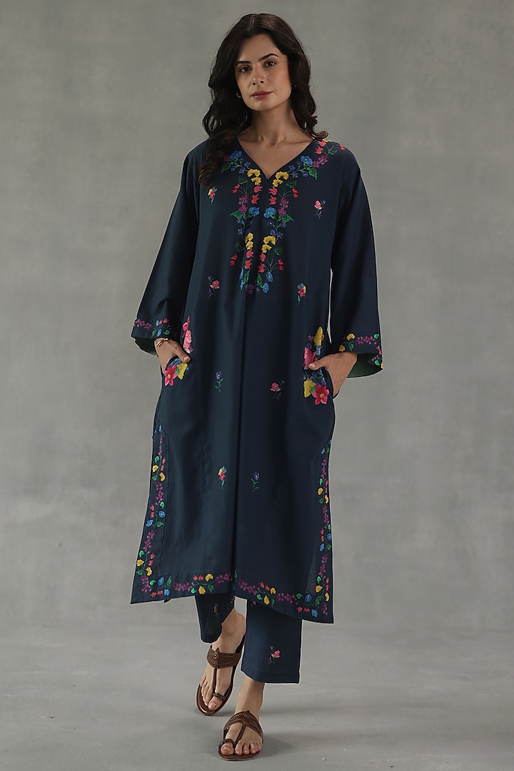 Navy Feather Linen Floral Printed Phiran Kurta Set by Roza Pret at Pernia's Pop Up Shop