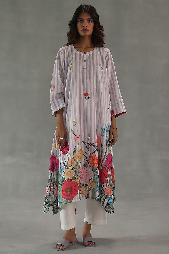 Mauve Feather Linen Embroidered & Striped Kurta Set by Roza Pret at Pernia's Pop Up Shop