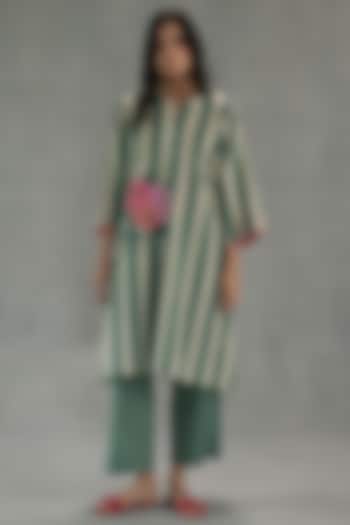Green & White Feather Linen Watercolor Stripe Printed Kurta Set by Roza Pret at Pernia's Pop Up Shop