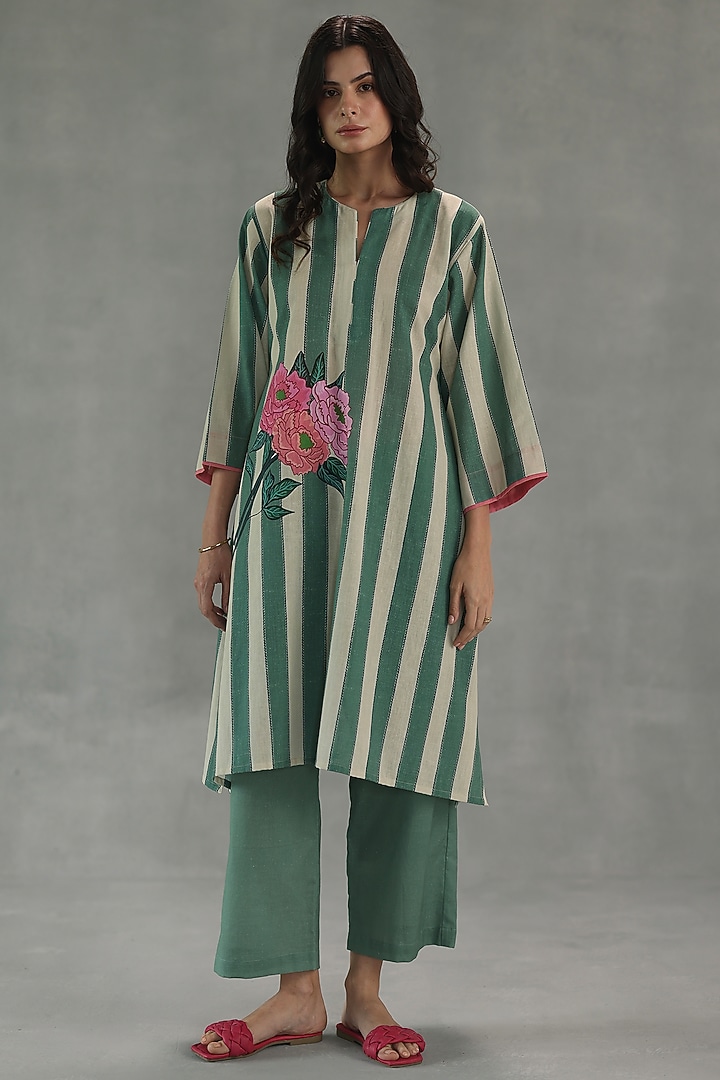 Green & White Feather Linen Watercolor Stripe Printed Kurta Set by Roza Pret at Pernia's Pop Up Shop