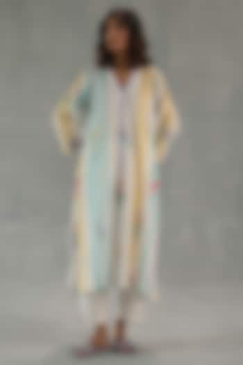 Ivory Feather Linen Watercolor Stripe Printed Kurta Set by Roza Pret at Pernia's Pop Up Shop