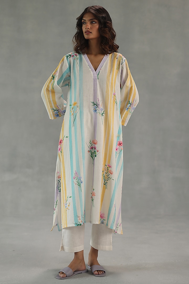 Ivory Feather Linen Watercolor Stripe Printed Kurta Set by Roza Pret at Pernia's Pop Up Shop