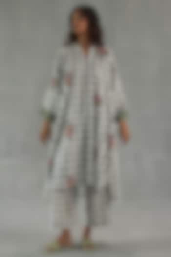 Soft Grey Feather Linen Watercolor Checks Printed Kurta Set by Roza Pret at Pernia's Pop Up Shop