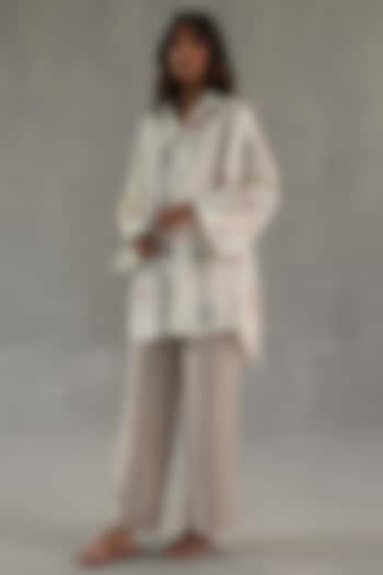 Ivory Feather Linen Watercolor Stripe Printed Shirt by Roza Pret at Pernia's Pop Up Shop
