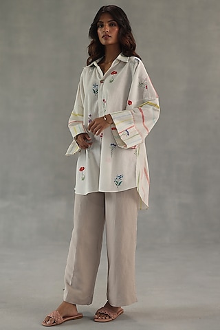 Ivory Feather Linen Watercolor Stripe Printed Shirt by Roza Pret