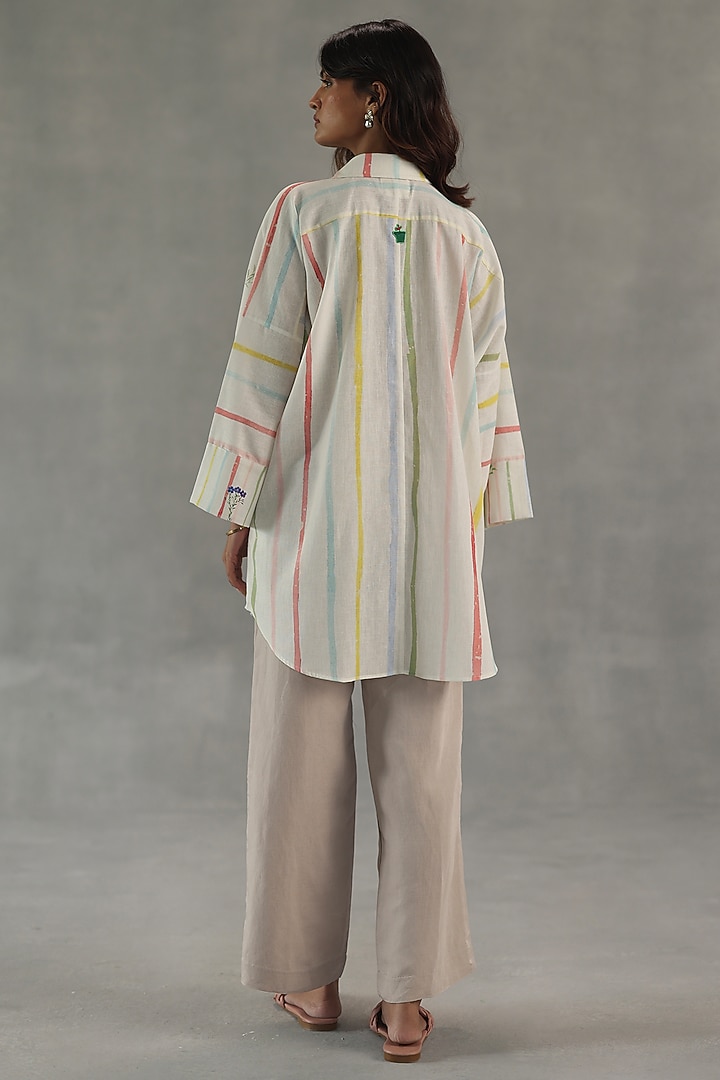 Ivory Feather Linen Watercolor Stripe Printed Shirt by Roza Pret at Pernia's Pop Up Shop