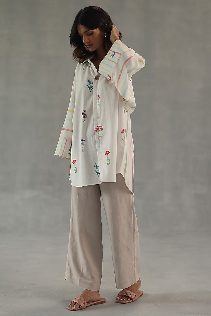 Ivory Feather Linen Watercolor Stripe Printed Shirt by Roza Pret at Pernia's Pop Up Shop
