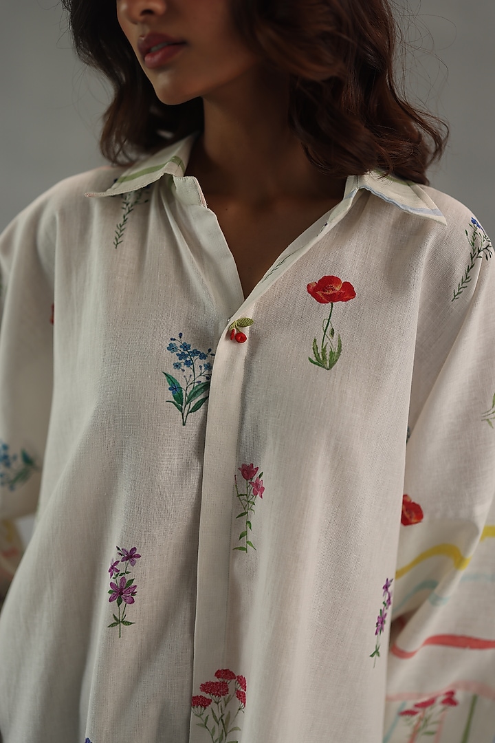 Ivory Feather Linen Watercolor Stripe Printed Shirt by Roza Pret at Pernia's Pop Up Shop