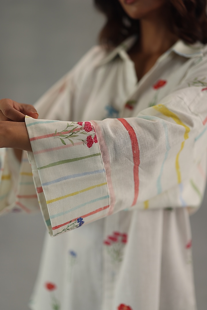 Ivory Feather Linen Watercolor Stripe Printed Shirt by Roza Pret at Pernia's Pop Up Shop