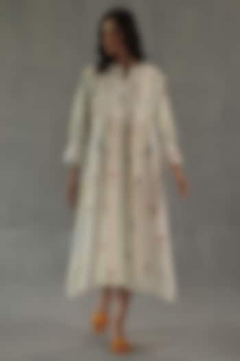 Ivory Feather Linen Watercolor Stripe Printed Midi Summer Dress by Roza Pret at Pernia's Pop Up Shop