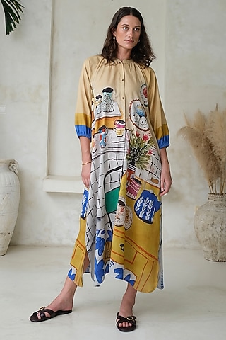 Multi-Colored Linen Printed A-Line Maxi Dress by Roza Pret