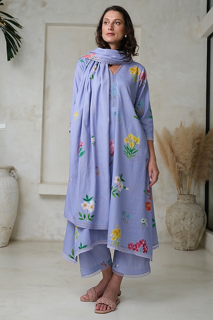 Periwinkle Linen Floral Stole by Roza Pret at Pernia's Pop Up Shop