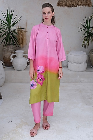 Multi-Colored Linen Floral Paneled Kurta Set by Roza Pret