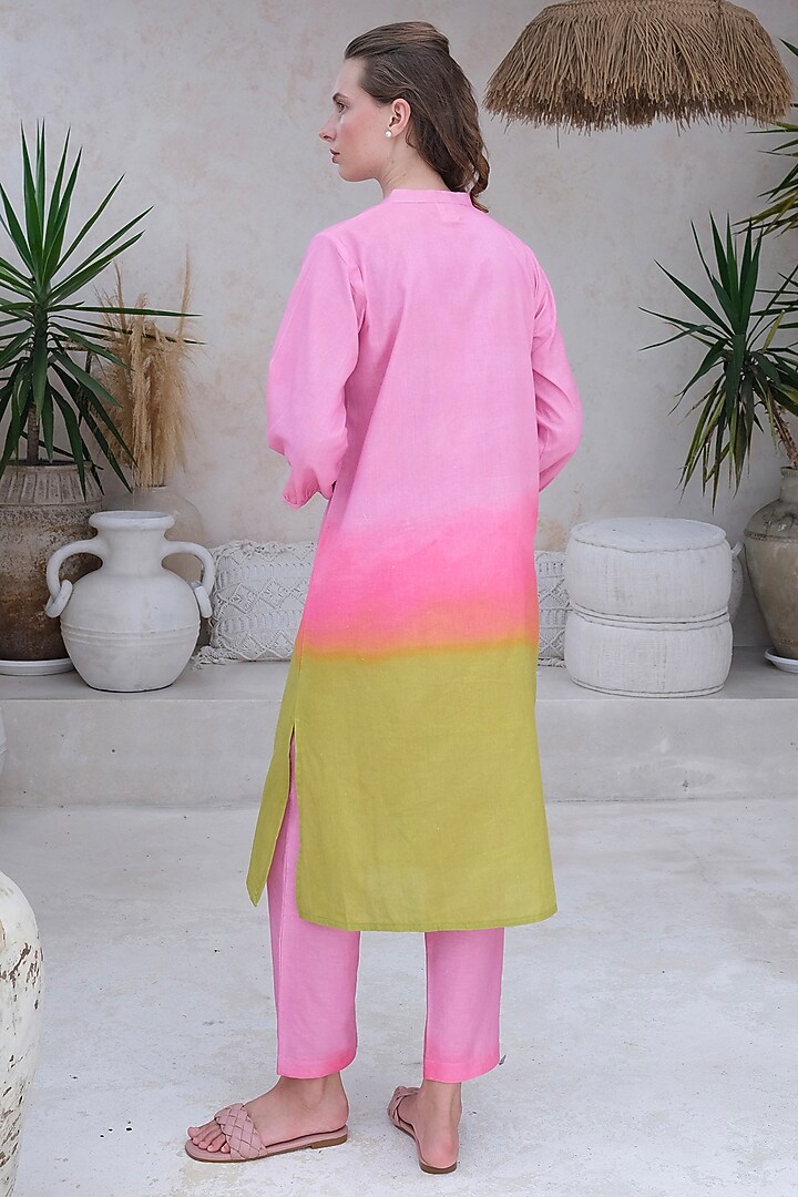 Multi-Colored Linen Floral Paneled Kurta Set by Roza Pret at Pernia's Pop Up Shop