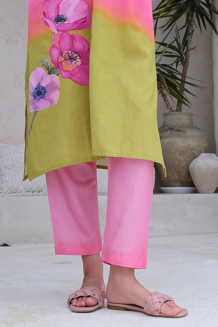 Multi-Colored Linen Floral Paneled Kurta Set by Roza Pret at Pernia's Pop Up Shop