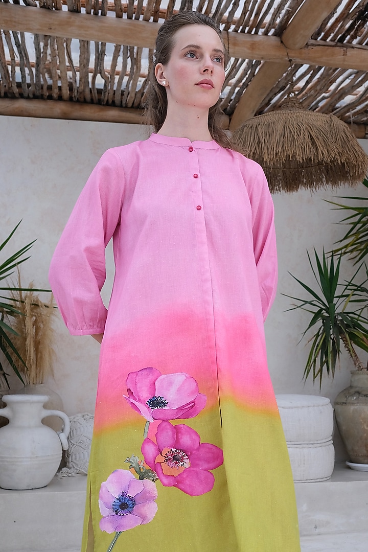 Multi-Colored Linen Floral Paneled Kurta Set by Roza Pret at Pernia's Pop Up Shop