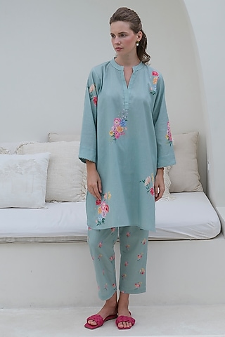 Aqua Blue Linen Printed Tunic by Roza Pret