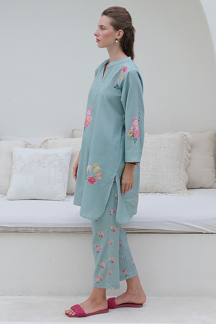 Aqua Blue Linen Printed Tunic by Roza Pret at Pernia's Pop Up Shop
