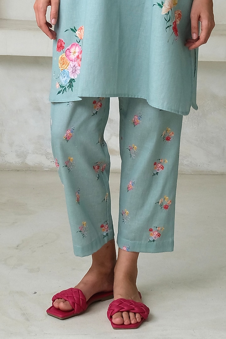 Aqua Blue Linen Printed Tunic by Roza Pret at Pernia's Pop Up Shop