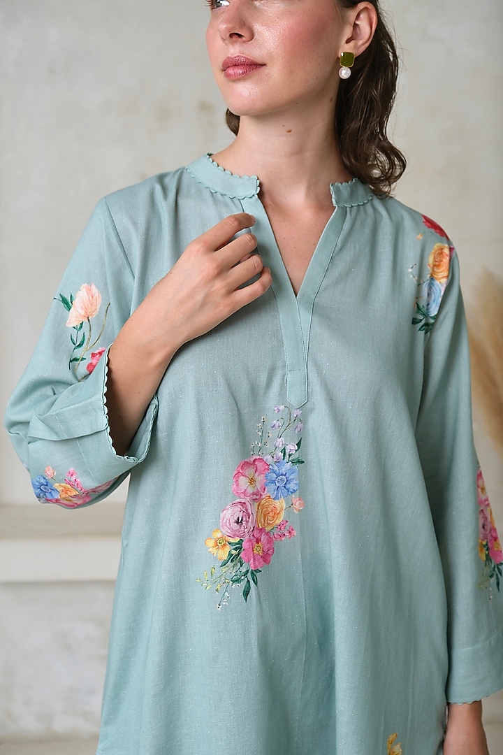 Aqua Blue Linen Printed Tunic by Roza Pret at Pernia's Pop Up Shop