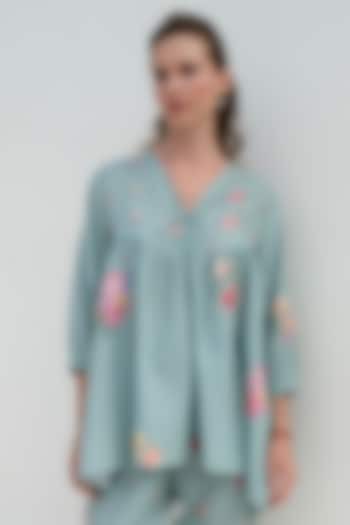 Aqua Blue Linen Floral Top by Roza Pret at Pernia's Pop Up Shop